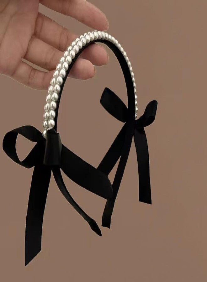 TUCEWP Pearl Headbands for Women Girls Sweet Satin Bow Headbands Non Slip Bridal Hair Hoop Cute Black Turban Headband Bling Beaded Head Bands Party Wedding Headwear Vintage Styling Tools Accessories - Image 1